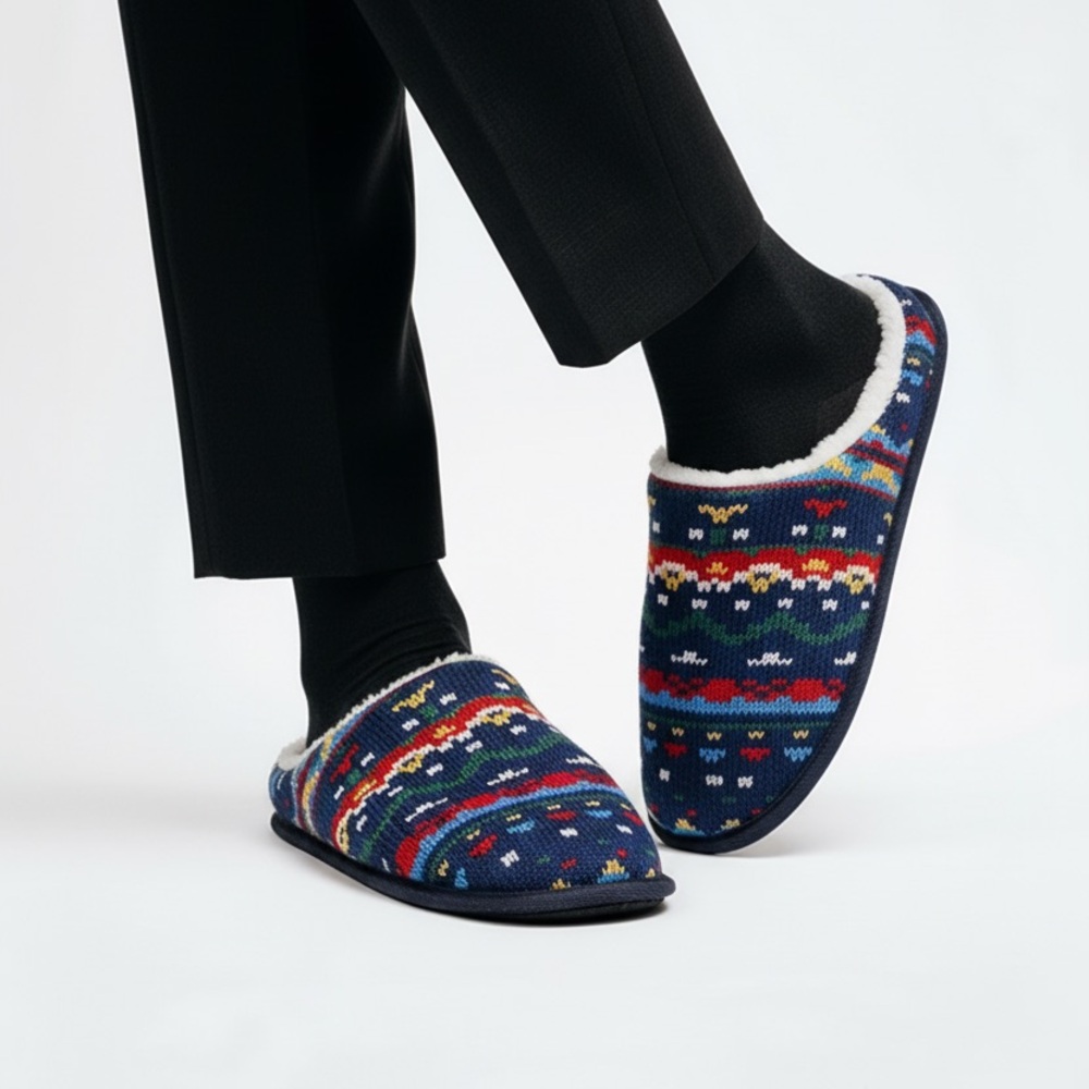 NWT Mens Faux Fur Lined Knit Slide Slippers